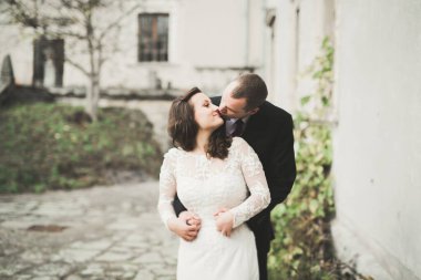 Şehvetli evli çift, eski Slav kalesinin önünde sevgililer günü kucaklaşması.