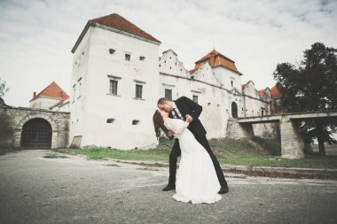 Güzel, romantik bir düğün. Yeni evliler. Eski kalenin yakınlarında sarılıyorlar.