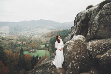 Güzel dağlarda poz veren mutlu bir düğün çifti.