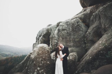 Güzel dağlarda poz veren mutlu bir düğün çifti.