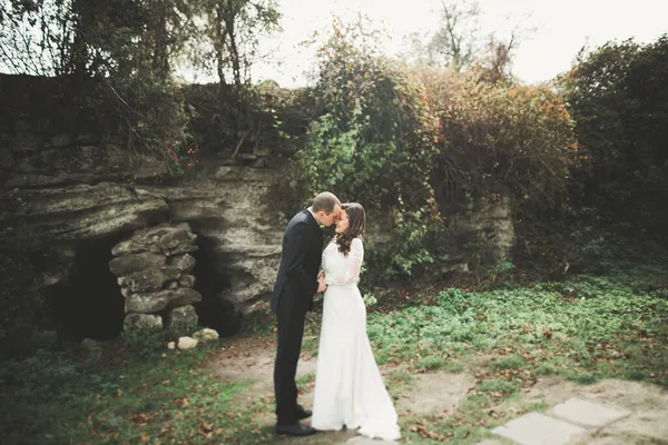 Vackra unga bröllop par kysser och ler i parken — Stockfoto