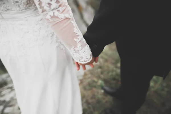 Ślub para panna młoda i pan młody trzymając się za ręce — Zdjęcie stockowe