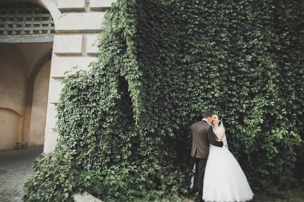 Casal elegante de recém-casados felizes andando no parque em seu dia de casamento com buquê — Fotografia de Stock