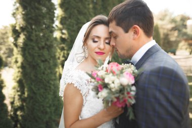 Mükemmel bir çift gelin ve damat düğün günlerinde poz verip öpüşürler.