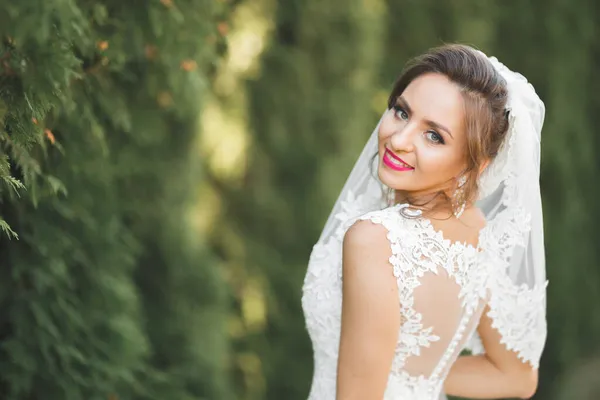 Hermosa novia joven de lujo en vestido de novia posando en el parque — Foto de Stock