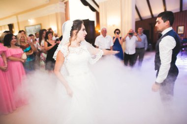 Güzel beyaz bir çift yeni evlendiler ve ilk danslarını ediyorlar.