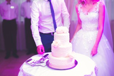 Gelin ve damat düğün pastasını kesiyor.