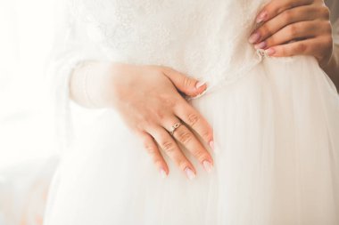 Tüylü, lüks makyaj, saç stili, stüdyo içi fotoğraf çekimi olan güzel bir gelin.