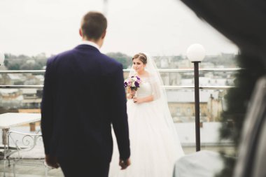 Mükemmel bir çift gelin ve damat düğün günlerinde poz verip öpüşürler.