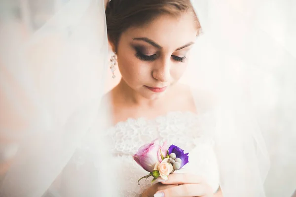 Hermosa novia con vestido de novia de moda con plumas con maquillaje de lujo deleite y peinado, estudio sesión de fotos interior —  Fotos de Stock