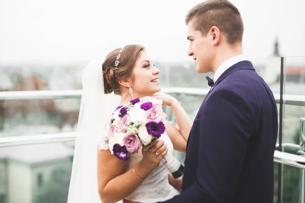 Perfektes Paar Braut, Bräutigam posiert und küsst sich am Hochzeitstag — Stockfoto