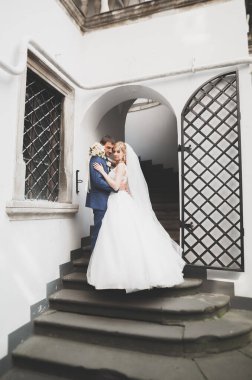 Güzel, mutlu bir düğün çifti, güzel şehirde uzun beyaz elbiseli bir gelin.