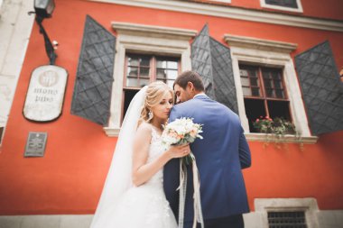 Güzel, mutlu bir düğün çifti, güzel şehirde uzun beyaz elbiseli bir gelin.