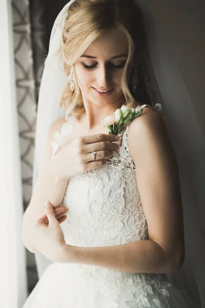 Retrato de noiva bonita com véu de moda na manhã do casamento — Fotografia de Stock