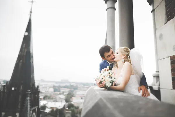 时尚美丽的新婚夫妇亲吻拥抱在旧城全景的背景下 — 图库照片