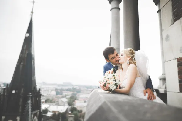 Stilvoll schönes Hochzeitspaar küsst und umarmt sich im Hintergrund Panoramablick auf die Altstadt — Stockfoto