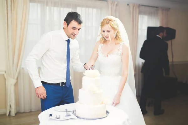 Noiva e noivo no casamento cortando o bolo de casamento — Fotografia de Stock