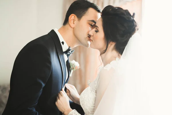 Τέλεια νύφη ζευγάρι, γαμπρός ποζάρουν και φιλιούνται την ημέρα του γάμου τους — Φωτογραφία Αρχείου