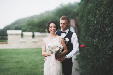 Mükemmel bir çift gelin ve damat düğün günlerinde poz verip öpüşürler.