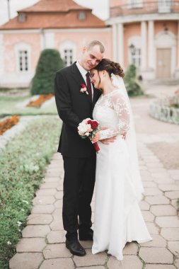 Güzel, romantik bir düğün. Yeni evliler. Eski kalenin yakınlarında sarılıyorlar..