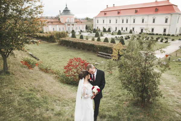 Casal Romântico Bonito Casal Recém Casados Abraçando Perto Castelo Velho — Fotografia de Stock