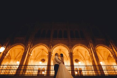 Güzel gelin ve damat evlendikleri gün kucaklaşıp öpüşüyorlar..