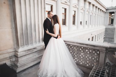 Güzel gelin ve damat evlendikleri gün kucaklaşıp öpüşüyorlar.