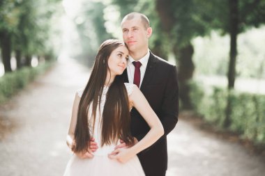 Güzel mutlu bir düğün çifti, uzun beyaz elbiseli gelin.