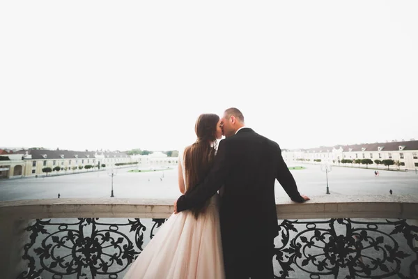 Luxus házaspár, menyasszony és vőlegény pózol luxus város — Stock Fotó