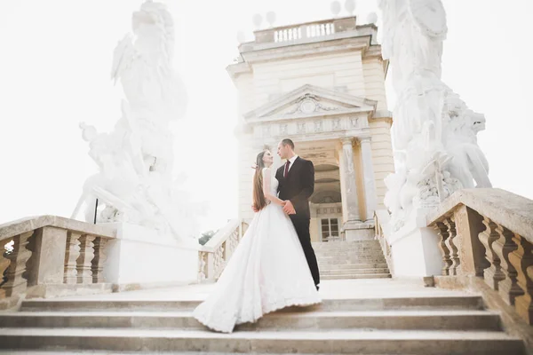 Szép boldog házaspár, menyasszony hosszú fehér ruha — Stock Fotó