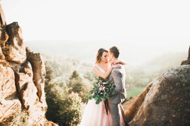 Güzel dağlarda poz veren mutlu bir düğün çifti..