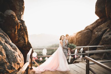 Güzel dağlarda poz veren mutlu bir düğün çifti..