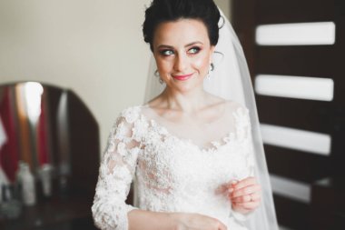 Tüylü, lüks makyaj, saç stili, stüdyo içi fotoğraf çekimi olan güzel bir gelin..