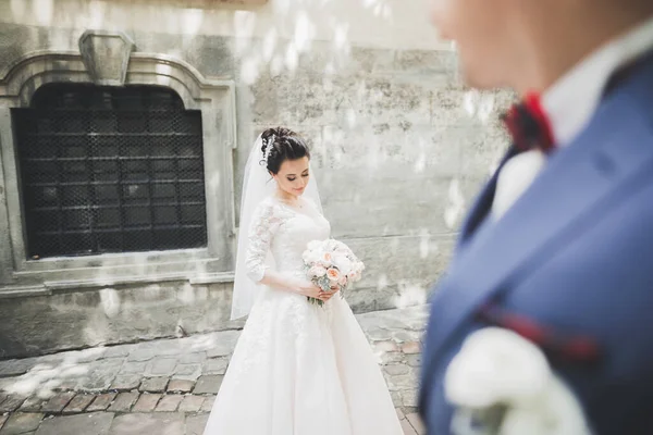 Güzel Mutlu Bir Düğün Çifti Güzel Şehirde Uzun Beyaz Elbiseli — Stok fotoğraf
