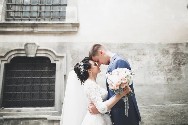 Luxus Házaspár Menyasszony Vőlegény Pózol Óvárosban — Stock Fotó