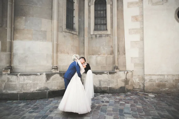 Preciosa Pareja Feliz Boda Novia Con Vestido Blanco Largo Posando —  Fotos de Stock