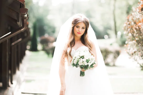 Hermosa novia de moda en vestido de novia posando — Foto de Stock