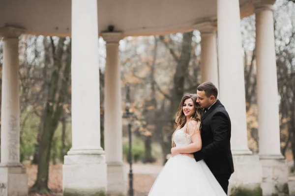 Beau couple de mariage romantique de jeunes mariés câlins dans le parc — Photo