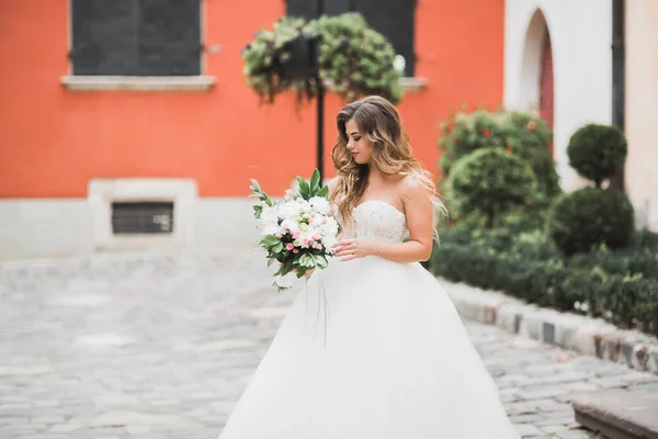 Beautiful luxury bride in elegant white dress — Stock Photo, Image