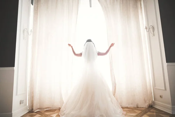 Nádherná Nevěsta Županu Pózuje Připravuje Svatební Obřad Tvář Místnosti — Stock fotografie