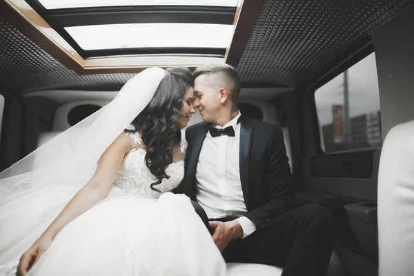 Piękny Szczęśliwy Ślub Para Panna Młoda Długą Białą Sukienką — Zdjęcie stockowe