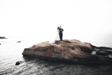 Güzel bir sahilde poz veren genç bir çiftin mutlu ve romantik sahnesi..