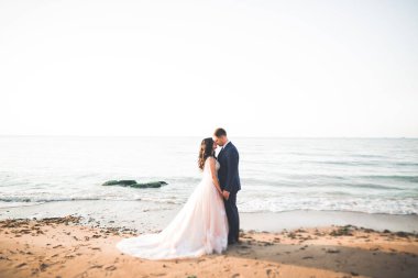 Güzel bir sahilde poz veren genç bir çiftin mutlu ve romantik sahnesi..