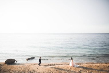 Şık, şık, mutlu bir düğün çifti, gelin, deniz ve gökyüzünün arka planında muhteşem bir damat..