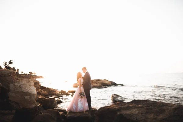 Şık Şık Mutlu Bir Düğün Çifti Gelin Deniz Gökyüzünün Arka — Stok fotoğraf
