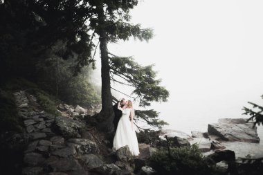 Güzel bir sahilde poz veren genç bir çiftin mutlu ve romantik sahnesi..