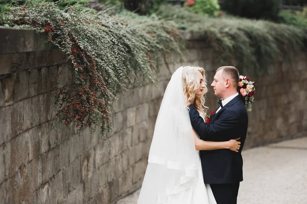 Frisch Verheiratetes Paar Rennt Und Springt Park Und Hält Händchen — Stockfoto