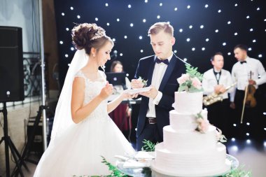 Gelin ve damat düğün pastasını kesiyor..