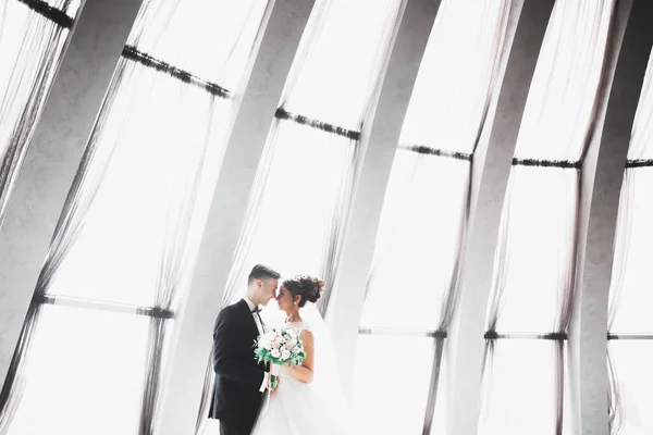 Casal Perfeito Noiva Noivo Posando Beijando Seu Dia Casamento — Fotografia de Stock