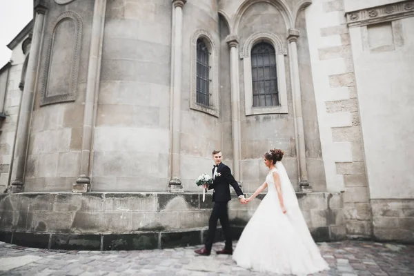 Muhteşem Düğün Çifti Eski Şehirde Yürüyor — Stok fotoğraf